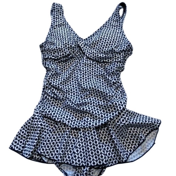 VTG Alisha Levine Swimsuit Size 10 Navy Blue Geometric Pin Up Ruffles Swim Dress - Picture 1 of 12
